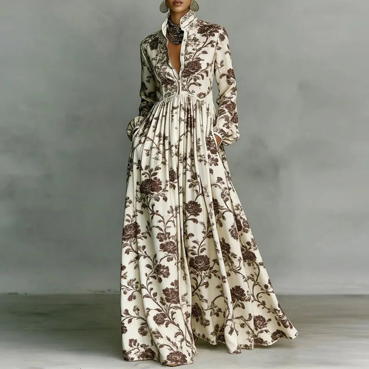 Women's High-Waist Geometric Print Long-Sleeve Shirt Dress - Brown