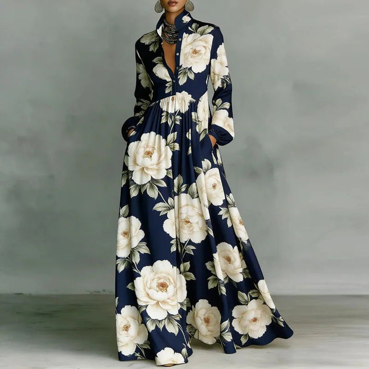 Women's High-Waist Geometric Print Long-Sleeve Shirt Dress - Navy Blue