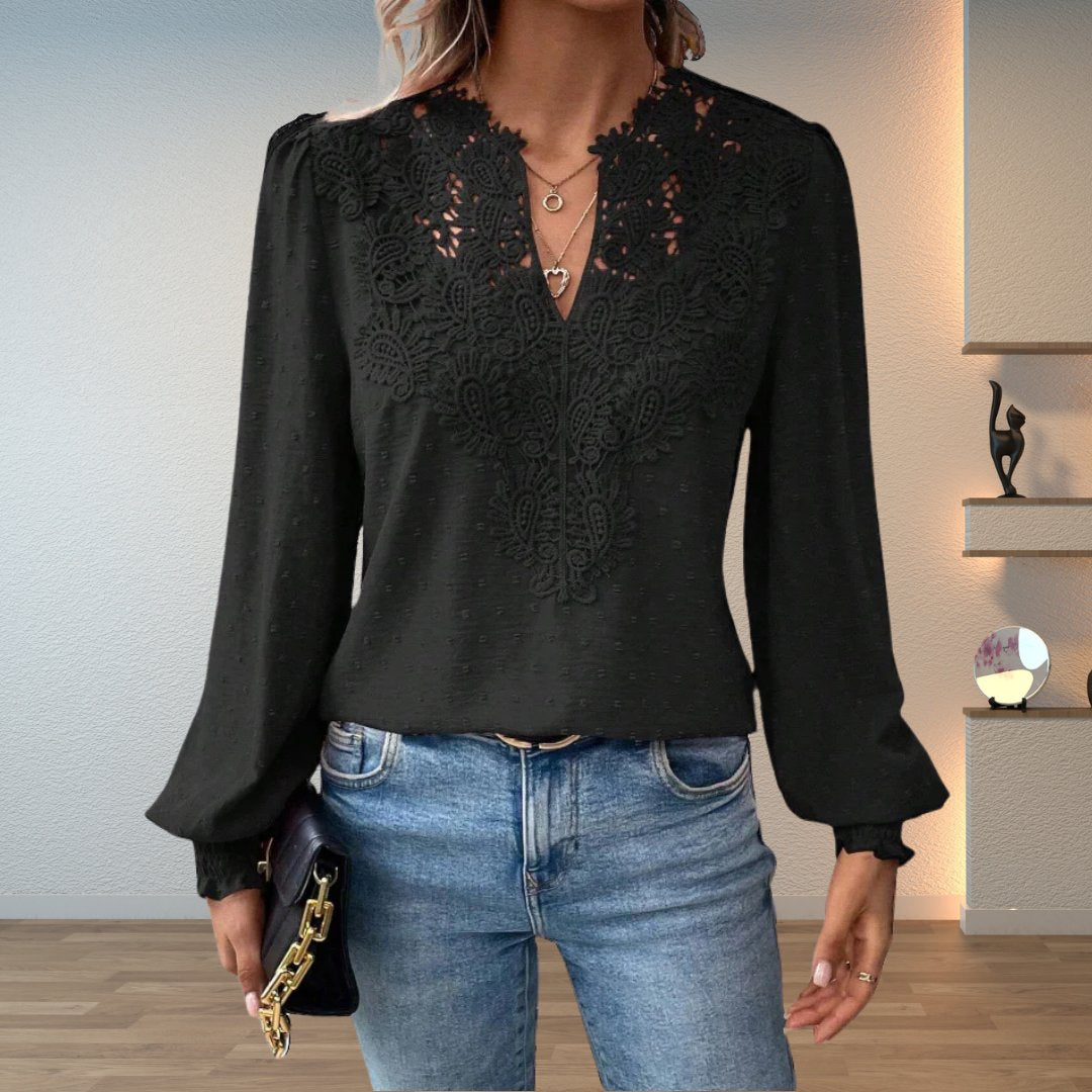 Women's Lace-Bodice V-Neck Smocked-Cuff Long-Sleeve Blouse - Black