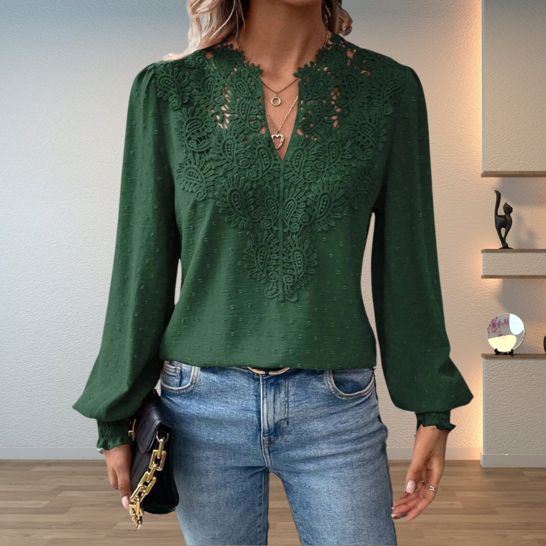 Women's Lace-Bodice V-Neck Smocked-Cuff Long-Sleeve Blouse - Dark Green