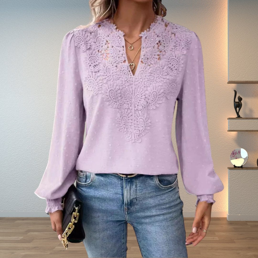 Women's Lace-Bodice V-Neck Smocked-Cuff Long-Sleeve Blouse - Light Purple