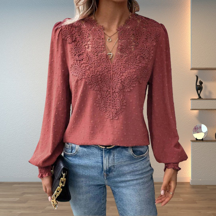 Women's Lace-Bodice V-Neck Smocked-Cuff Long-Sleeve Blouse - Dusty Pink