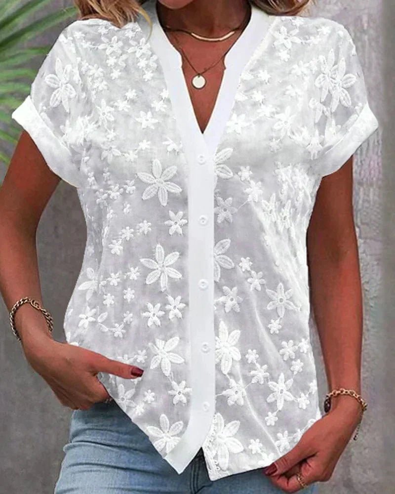 Women's Lace Floral Button-Down Blouse Short Sleeve V-Neck - White