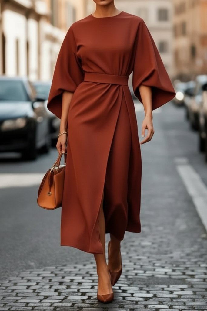 Women's Lantern-Sleeve Waist-Cinching Midi Cocktail Dress - Rust Brown