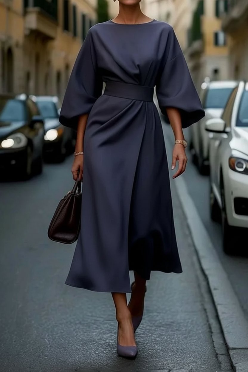 Women's Lantern-Sleeve Waist-Cinching Midi Cocktail Dress - Navy Blue
