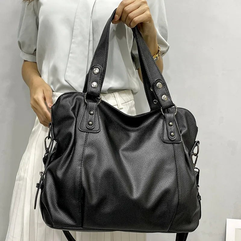 Women's Large Capacity Leather Shoulder Tote Bag Studded - Creme