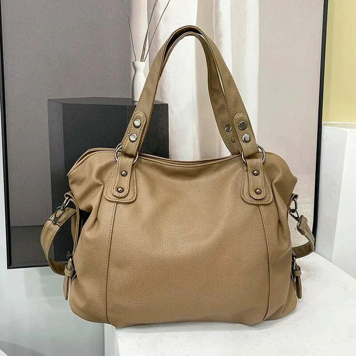 Women's Large Capacity Leather Shoulder Tote Bag Studded - Beige
