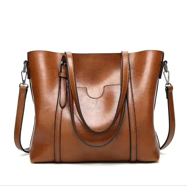Women's Large Leather-Look Oil-Wax Shoulder Tote Bag - Braun