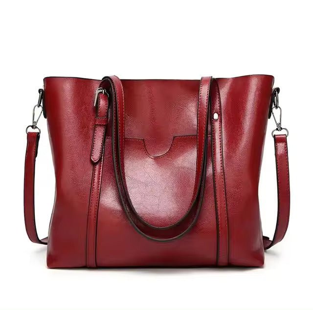 Women's Large Leather-Look Oil-Wax Shoulder Tote Bag - Rot