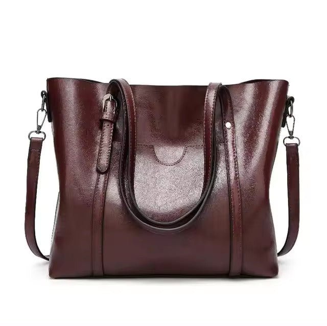 Women's Large Leather-Look Oil-Wax Shoulder Tote Bag - Kaffee