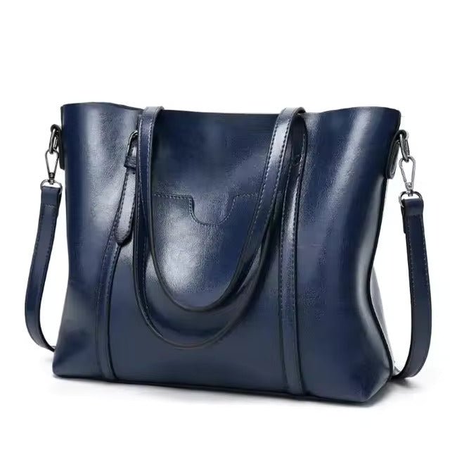 Women's Large Leather-Look Oil-Wax Shoulder Tote Bag - Blau