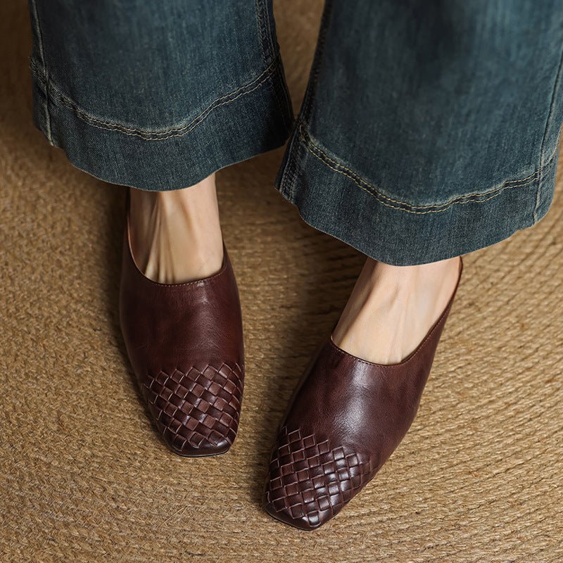 Women's Leather Mules Square Toe Woven Slip-On Flats