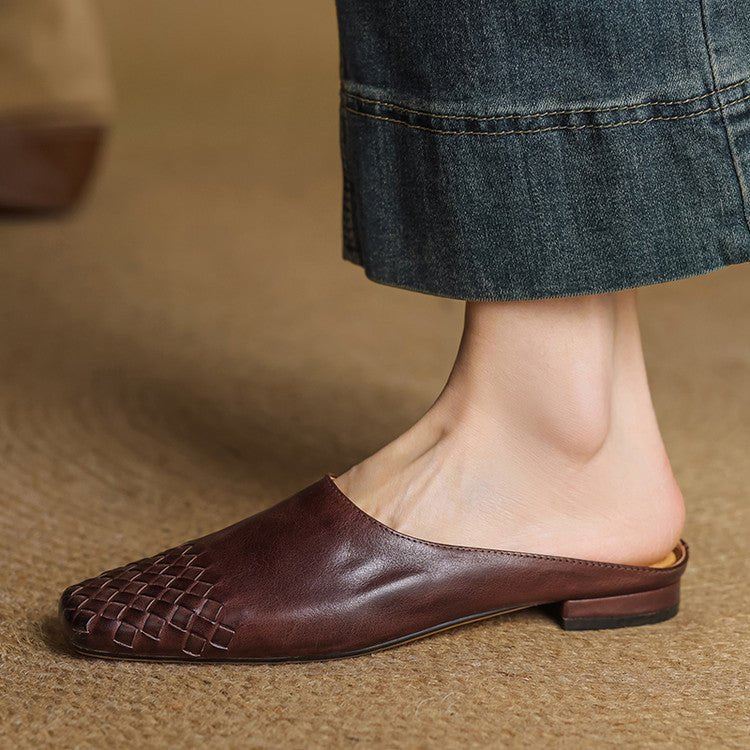 Women's Leather Mules Square Toe Woven Slip-On Flats