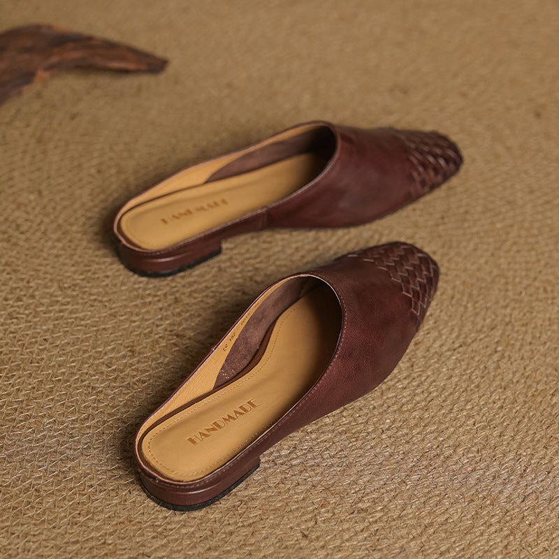 Women's Leather Mules Square Toe Woven Slip-On Flats
