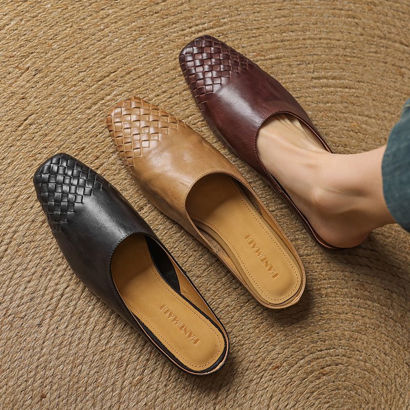 Women's Leather Mules Square Toe Woven Slip-On Flats