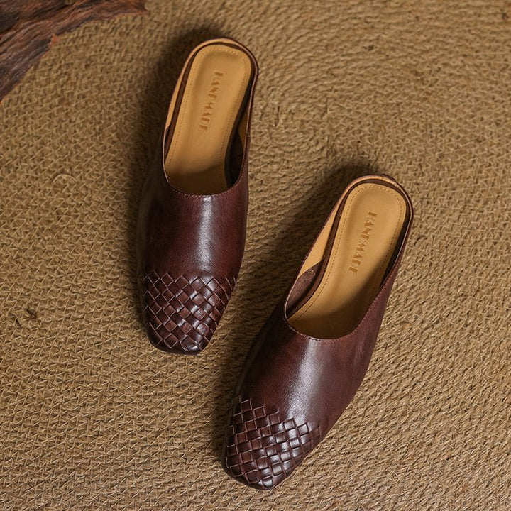 Women's Leather Mules Square Toe Woven Slip-On Flats