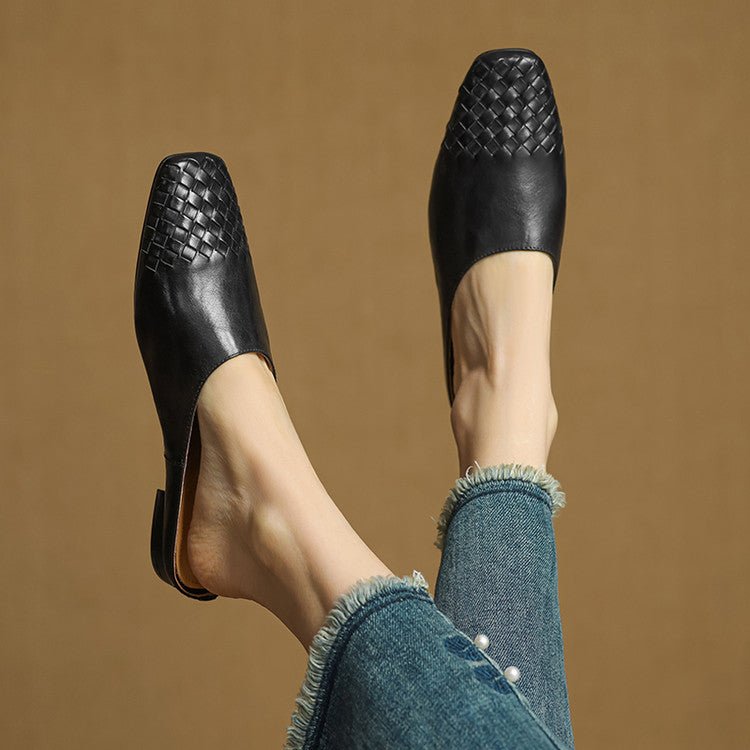 Women's Leather Mules Square Toe Woven Slip-On Flats
