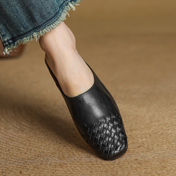 Women's Leather Mules Square Toe Woven Slip-On Flats