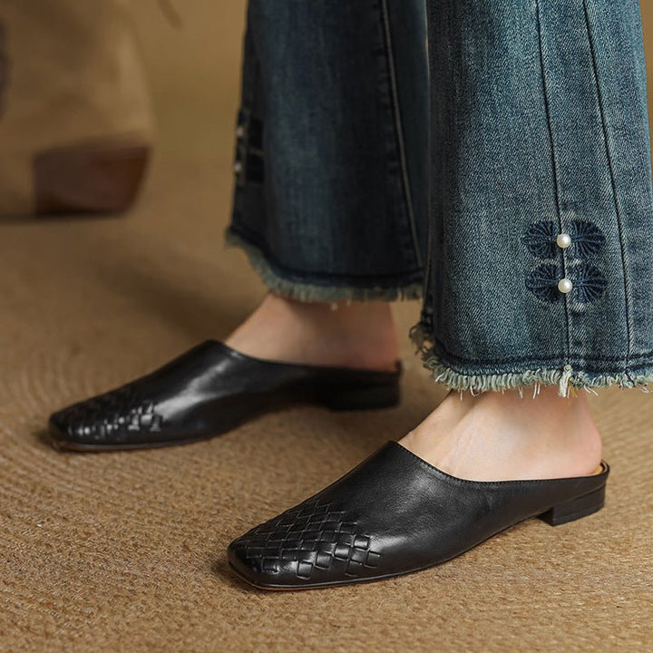 Women's Leather Mules Square Toe Woven Slip-On Flats
