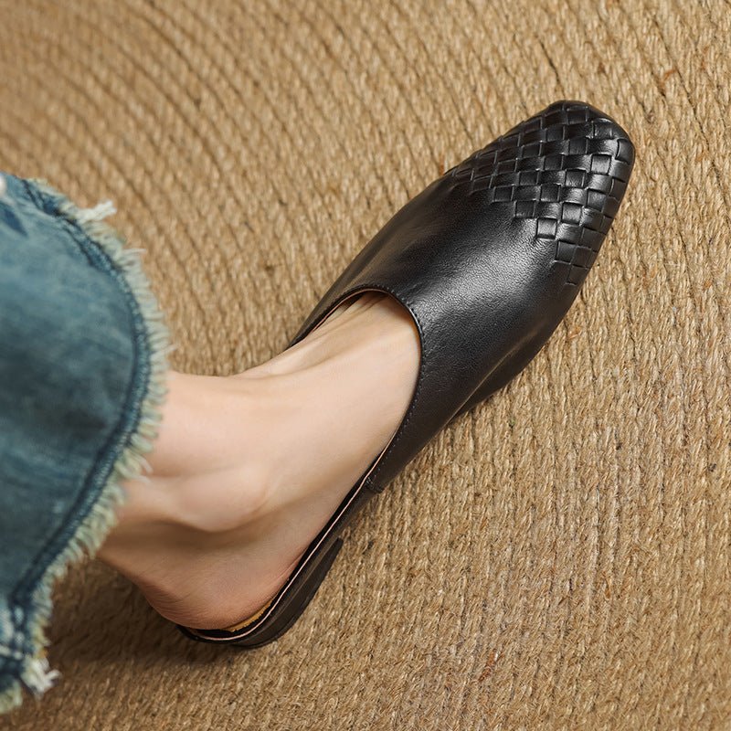Women's Leather Mules Square Toe Woven Slip-On Flats