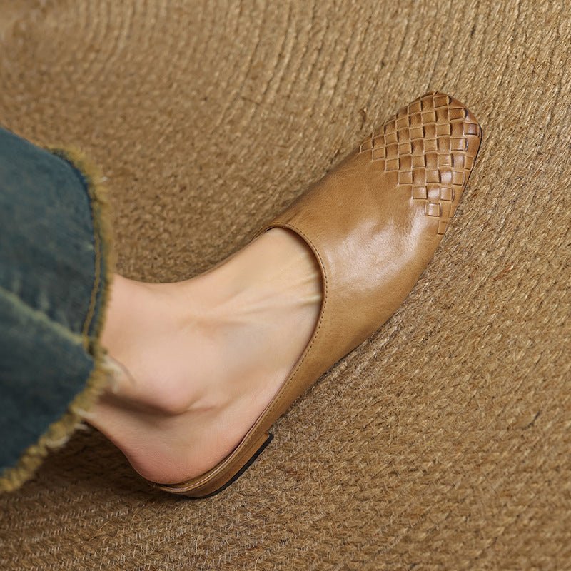 Women's Leather Mules Square Toe Woven Slip-On Flats