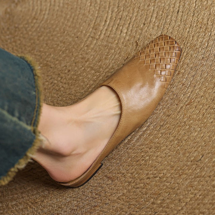 Women's Leather Mules Square Toe Woven Slip-On Flats