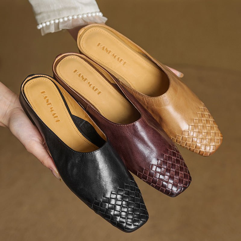 Women's Leather Mules Square Toe Woven Slip-On Flats