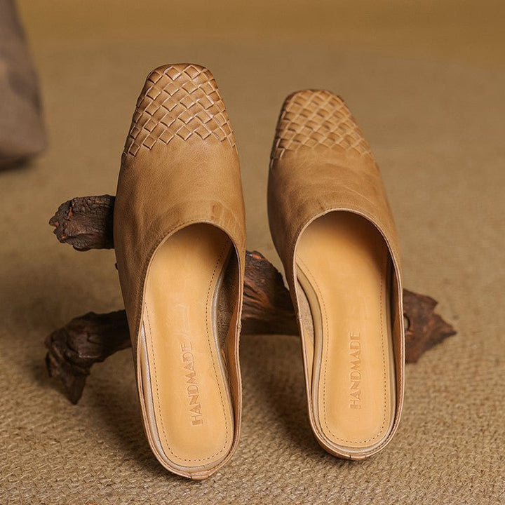 Women's Leather Mules Square Toe Woven Slip-On Flats