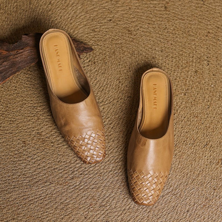 Women's Leather Mules Square Toe Woven Slip-On Flats