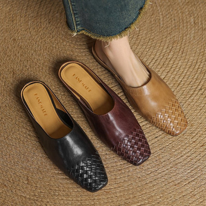 Women's Leather Mules Square Toe Woven Slip-On Flats