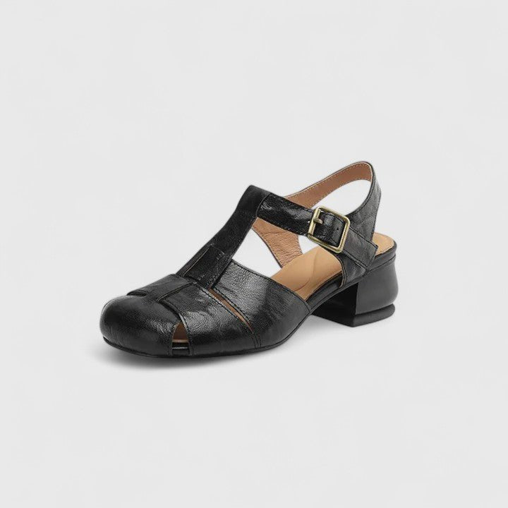 Women's Leather Sandals Square Toe Block Heel Strappy