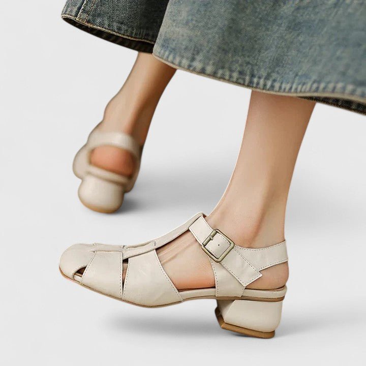 Women's Leather Sandals Square Toe Block Heel Strappy - Beige