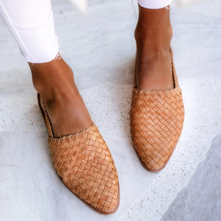 Women's Leather Woven Pointed-Toe Slingback Comfortable Sandals - Light Brown