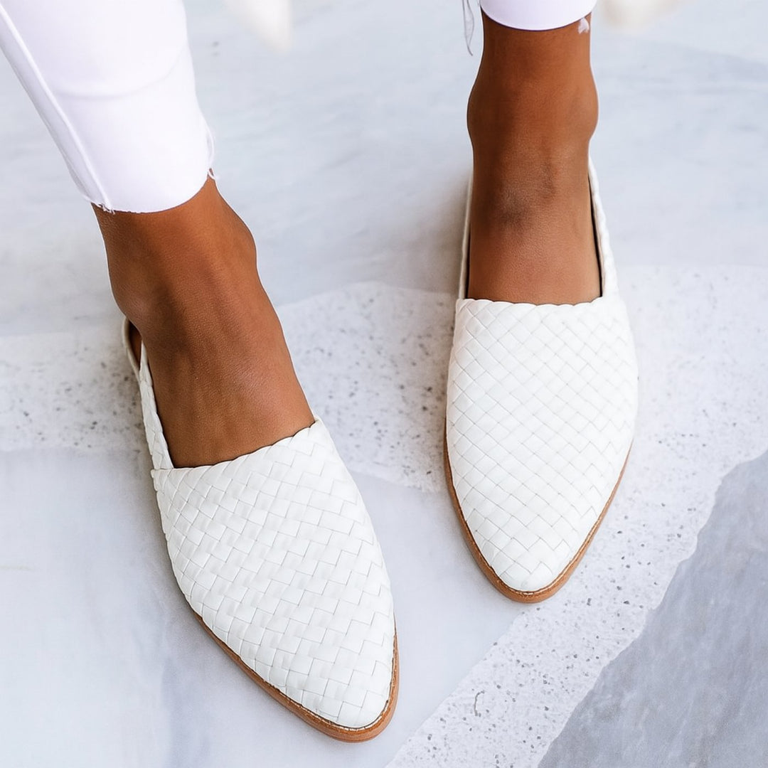 Women's Leather Woven Pointed-Toe Slingback Comfortable Sandals - White