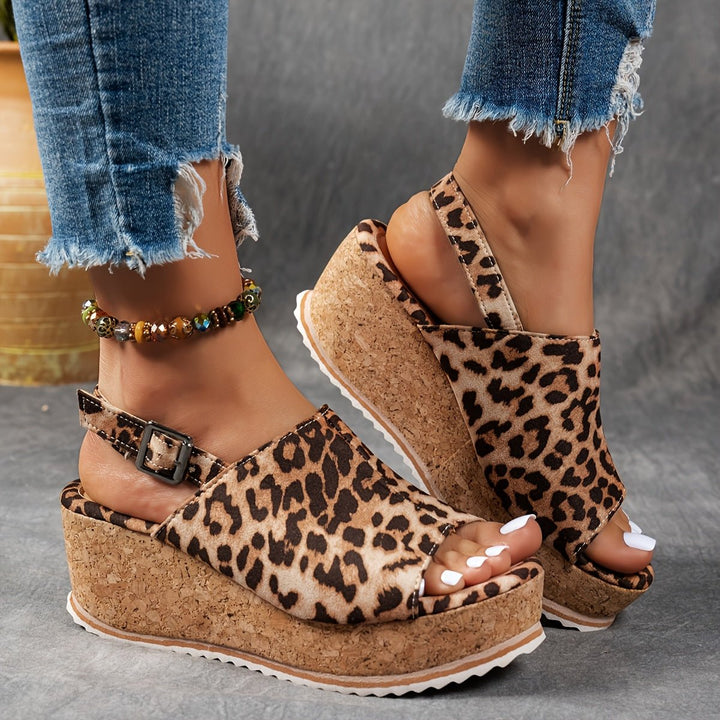 Women's Leopard Print Platform Wedge Comfortable Sandals Buckle Strap - Brown Leopard