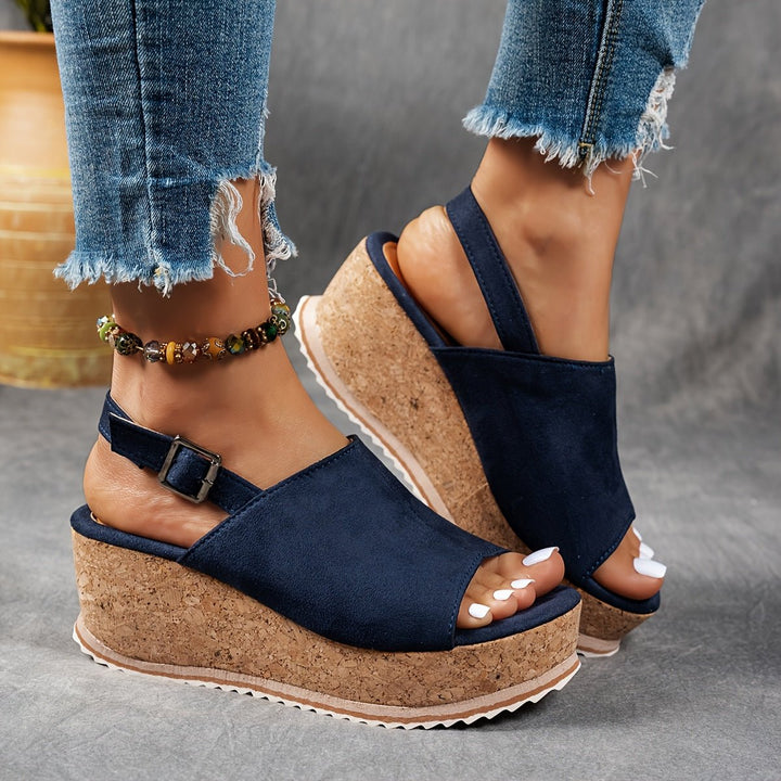 Women's Leopard Print Platform Wedge Comfortable Sandals Buckle Strap - Navy Blue