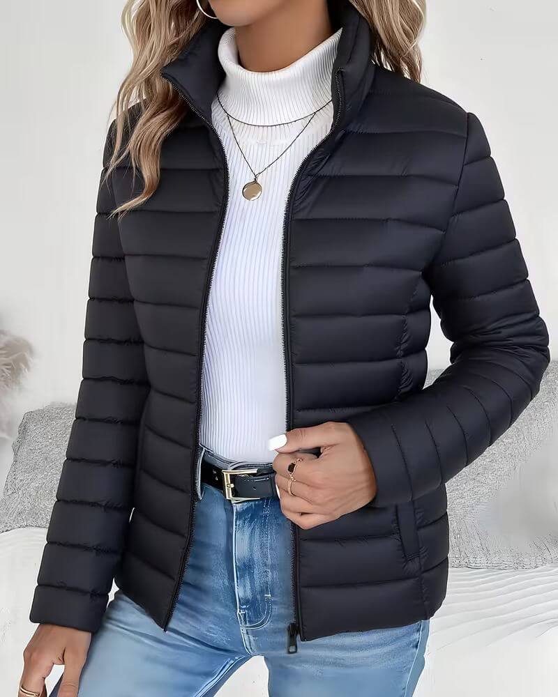 Women's Lightweight Quilted Stand-Collar Puffer Jacket - Black