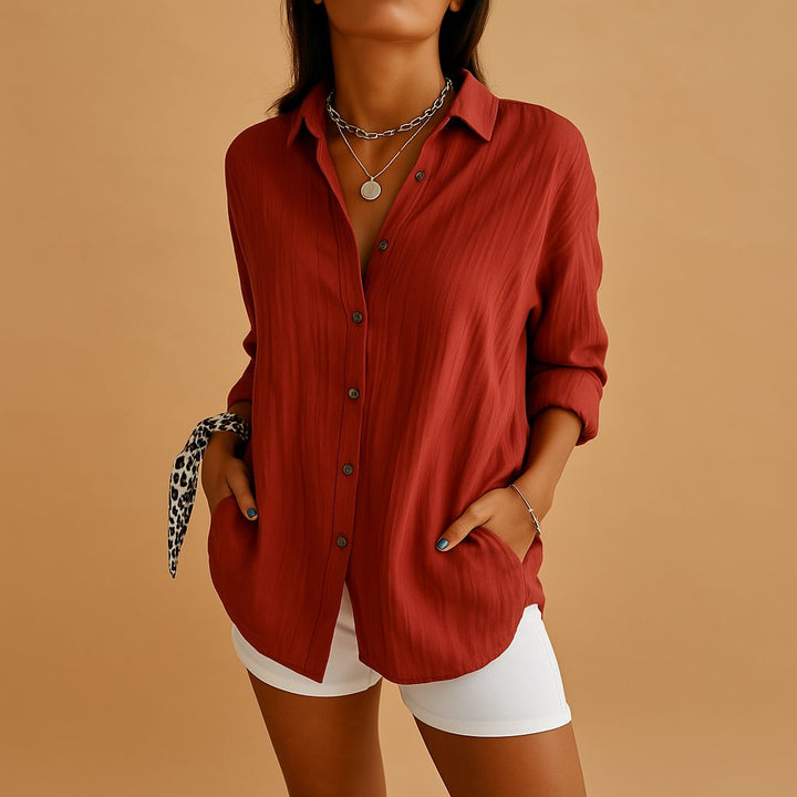 Women's Linen Button Down Blouse Long Sleeve Relaxed Fit - Red