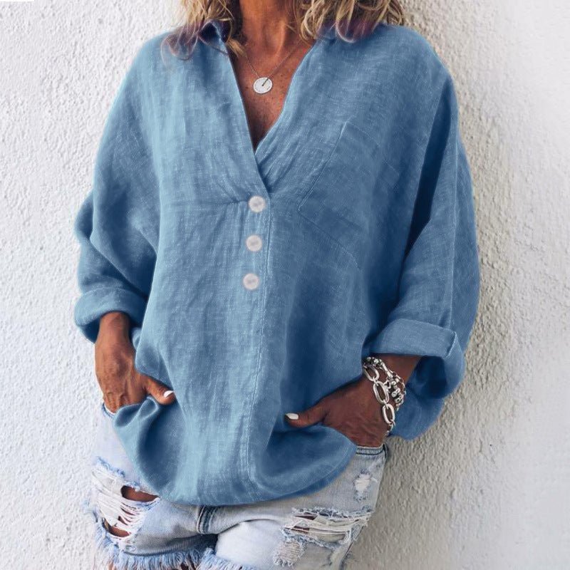 Women's Linen Button Down Blouse V-Neck Roll Tab Sleeves - Blue