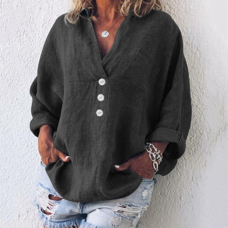 Women's Linen Button Down Blouse V-Neck Roll Tab Sleeves - Black