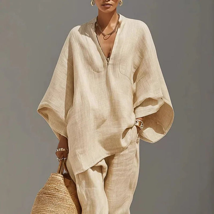 Women's Linen Matching Set Batwing Top Tapered Pants