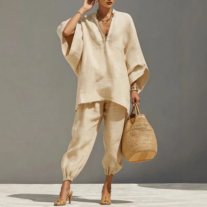 Women's Linen Matching Set Batwing Top Tapered Pants - Apricot
