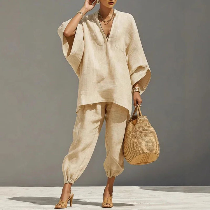 Women's Linen Matching Set Batwing Top Tapered Pants - Apricot