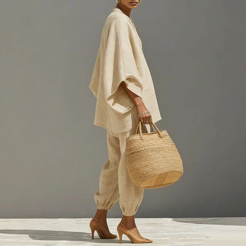 Women's Linen Matching Set Batwing Top Tapered Pants