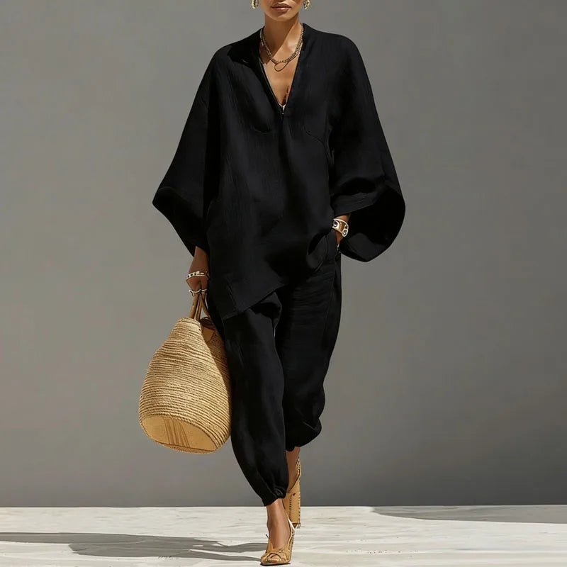 Women's Linen Matching Set Batwing Top Tapered Pants - Black