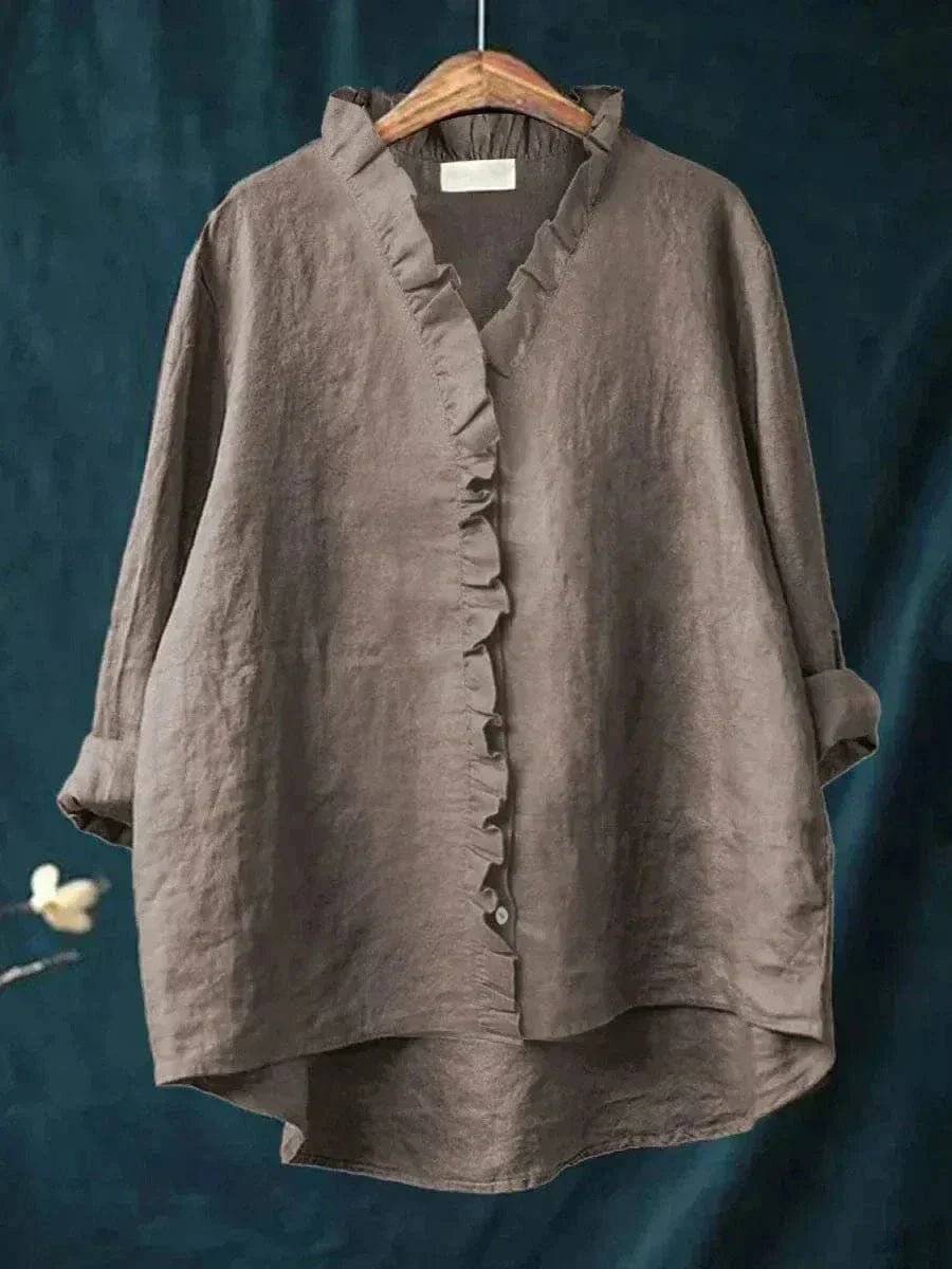 Women's Linen Ruffle Blouse Relaxed Fit Breathable Summer - Dark Gray