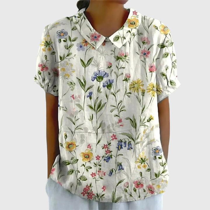 Women's Linen Short Sleeve Collared Blouse Relaxed Fit - White