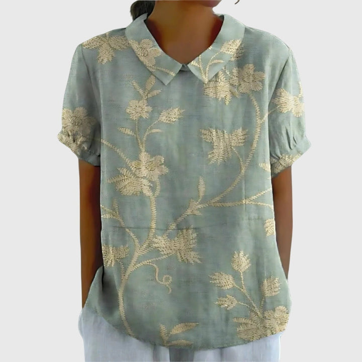 Women's Linen Short Sleeve Collared Blouse Relaxed Fit - Sage Green 3