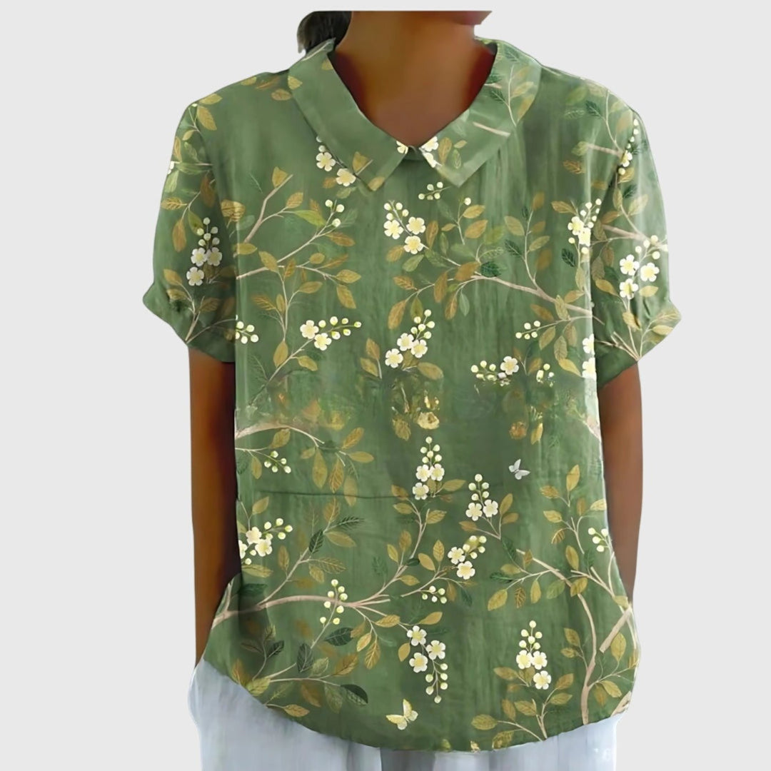 Women's Linen Short Sleeve Collared Blouse Relaxed Fit - Green
