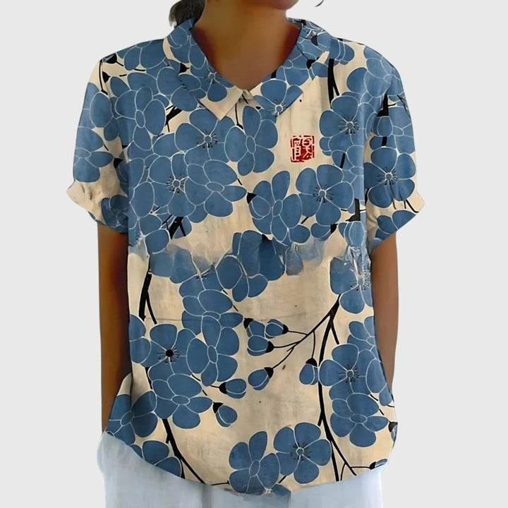 Women's Linen Short Sleeve Collared Blouse Relaxed Fit - Dusty Blue